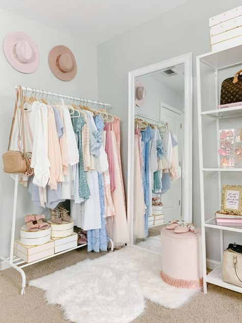 Blush And Gold Office, Clothing Rack Bedroom, Walking Closet, Office Tour, Gold Office, Decor Ikea, Closet Decor, Dekorasi Kamar Tidur, Glam Room