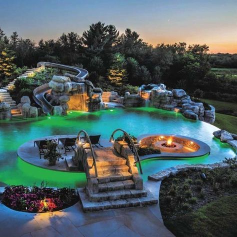 Unique Pool Backyard Waterfall Slide Designs Dream Backyard Pool, Luxury Swimming Pools, Waterfalls Backyard, Pool Waterfall, Luxury Pools, Dream Life House, Backyard Pool Landscaping, Pools Backyard, Dream Pools