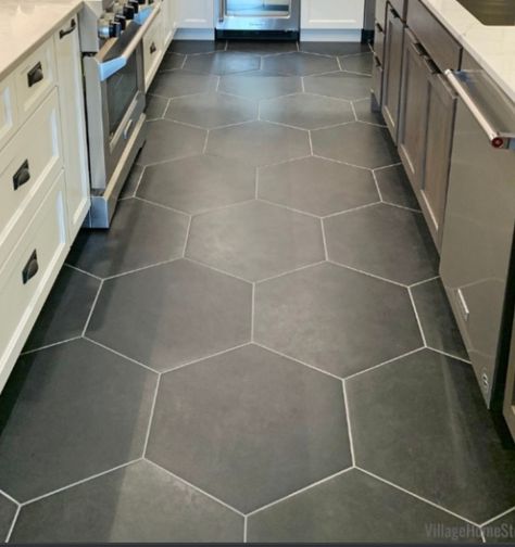 In kitchen, utility & bathrooms (-master) Dark Hexagon Kitchen Floor, Modern Kitchen Tile Floor Ideas, Charcoal Kitchen Floor, Honeycomb Flooring, Hexagon Tile Dining Room Floor, Large Hexagon Tile Floor Kitchen, Kitchen Hexagon Tile Floor, Dark Kitchen Tile Floor, Grey Hexagon Tile Kitchen