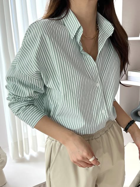 DAZY Striped Print Drop Shoulder Shirt Stripped Shirts For Women, Striped Green Shirt Outfit, Striped Shirts For Women, Striped Shirt Outfit Woman, Stripe Long Sleeve Outfit, Women Shirts Blouse Work Outfits, Stripe Shirt Outfits Women Casual, Women Shirt Outfit, Green Shirt Outfits Women