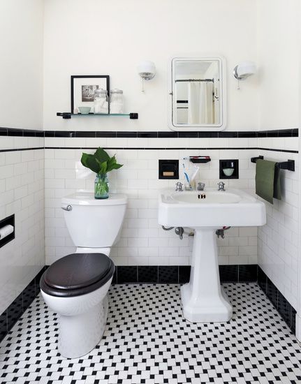 - ̗̀ @graciegeeding Black And White Powder Room, Baie Vintage, Black And White Bathroom Floor, Classic Bathroom Tile, Design Interior Baie, Beautiful Tile Bathroom, Makeover Kamar Mandi, Black And White Tile, Black And White Tiles Bathroom