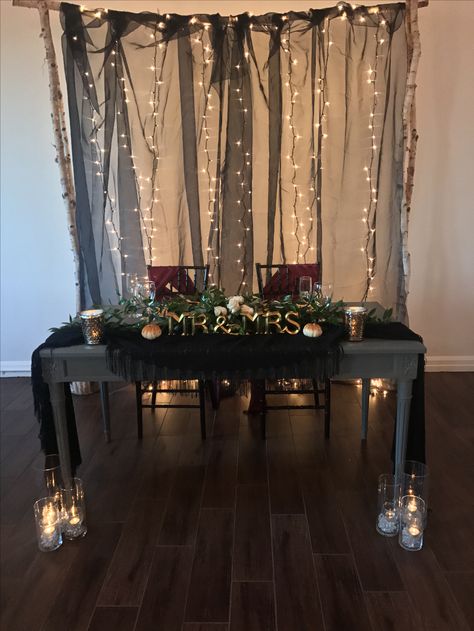 Sweetheart Table Black And Gold, Spooky Sweetheart Table, Gothic Wedding Sweetheart Table, Black Wedding Arch Draping, Gothic Sweetheart Table Wedding, Black Wedding Sweetheart Table, Gothic Sweetheart Table, Bride Groom Table Backdrop, Black Sweetheart Table