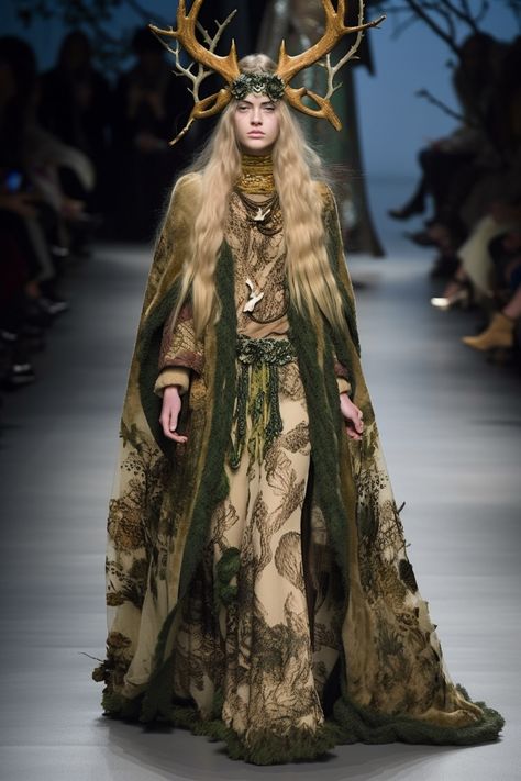 Fashion inspired by druid Celtic Fae Aesthetic, Celtic Druid Costume, Celtic Witch Outfit, Druid Familiar, Forest Goddess Costume, Modern Celtic Fashion, Forest Nymph Aesthetic Outfit, Druid Queen, Druid Aesthetic Clothing