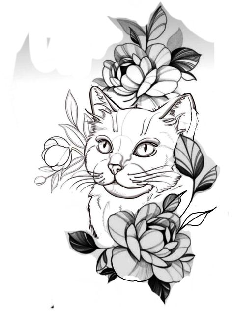 Cat Tattoo Shoulder, Cat Tattoo Designs Sketches, Cat Drawing With Flowers, Spring Tattoo, Kitten Tattoo, Tattoo Coverup, Black Cat Tattoos, New Tattoo Ideas, Cat Tattoo Designs