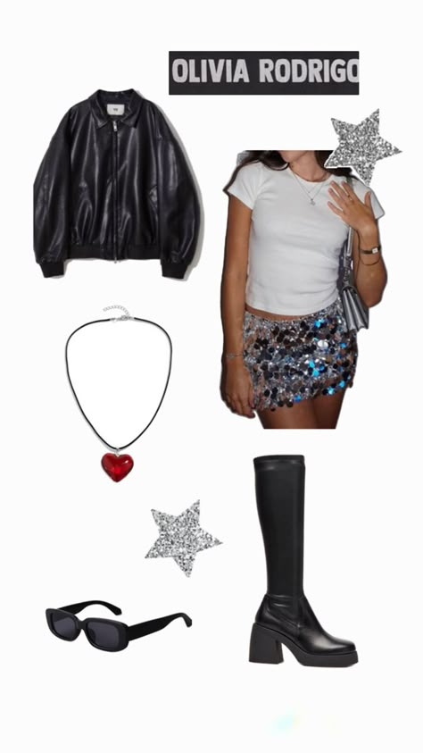 Cute outfit inspiration for Olivia Rodrigo concert Olivia Rodrigo Sparkly Outfit, Cute Outfits To Wear To Olivia Rodrigo Concert, Outfit Ideas For Olivia Rodrigo Concert, Olivia Rodrigo Party Outfits, Olivia Rodrigo Concert Outfit Inspiration, Olivia Rodrigo Outfit Aesthetic, Olivia Rodrigo Guts Concert Outfit Ideas, Olivia Tour Outfits, Bad Idea Right Outfit