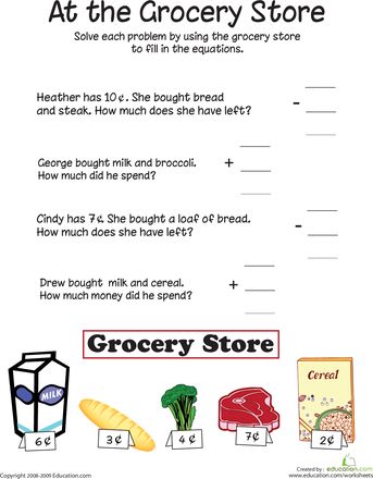 Worksheets: At the Grocery Store: Addition and Subtraction Grocery Store Math, 1st Grade Addition, Free Printable Math Worksheets, Money Math, Money Worksheets, Addition And Subtraction Worksheets, Teaching Posters, Printable Math Worksheets, Subtraction Worksheets