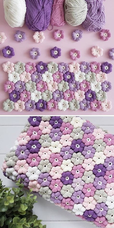 Puff Flower Crochet - бесплатные шаблоны и идеи | Crochetpedia Puff Flower, Crochet Puff Flower, Crochet Flower Blanket, Crochet Blanket Designs, Crocheted Flowers, Mode Crochet, Crochet Design Pattern, Booties Crochet, Crochet Clutch