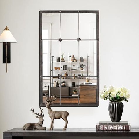 Rustic Brown Metal Frame Windowpane Accent Wall Mirror - 37.75" H x 23.8" W x 1" D - On Sale - Bed Bath & Beyond - 21943531 Metal Window Frames, Window Pane Mirror, Accent Wall Mirror, Classic Window, Farmhouse Frames, Elegant Mirrors, Wood Wall Mirror, Window Pane, Decorative Metal