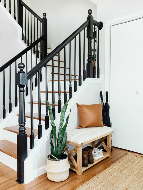 DIY Staircase Makeover | Sammy On State Black Paint For Stair Railing, Black Painted Staircases, Stair Railing Painted Black, Black Stair Railing Wood, Paint Wood Stair Railing, Black White Wood Stairs, Dark Brown Stair Railing, Black Paint Staircase, Indoor Black Railings For Stairs