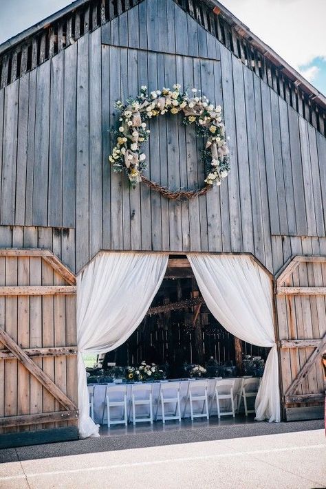 The Barn at Cedar Grove is a rustic Kentucky barn venue - draped and adorned with a floral wreath for a gorgeous barn wedding. Photographer: Anekdota Studio Floral Design: Best of Flowers Rustic Barn Wedding Decorations, Rustic Style Wedding, Rustic Farm Wedding, Barn Parties, Barn Wedding Decorations, Barn Decor, Rustic Barn Wedding, Barn Wedding Venue, Rustic Chic Wedding