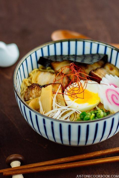 Spicy Shoyu Ramen - This easy homemade spicy ramen recipe is topped with soft boiled egg, fish cake, nori and fall-apart tender chashu. Make this now to satisfy your ramen craving! #ramennoodlerecipes #noodlesoup #spicyramen | Easy Japanese Recipes at JustOneCookbook.com Shoyu Ramen Recipe, Chicken Noodle Soup Recipe Homemade, Ramen Toppings, Shoyu Ramen, Soft Boiled Egg, Ramen Recipe, Spicy Ramen, Easy Japanese Recipes, Ramen Soup