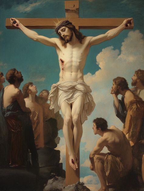 This powerful painting of the Crucifixion of Jesus Christ captures the essence of sacrifice, compassion, and redemption. Surrounded by mourners, this classical depiction brings a profound sense of reverence and spirituality. Ideal for religious decor or as a piece of Christian inspiration, this artwork serves as a visual reminder of faith and love.  #CrucifixionArt #ChristianArt #ReligiousInspiration #FaithAndSacrifice #SacredArt Crucifixion Art, Jesus On Cross, Academic Painting, The Crucifixion Of Jesus, Jesus Crucified, Crucifixion Of Jesus, Agnus Dei, The Crucifixion, The Gospels