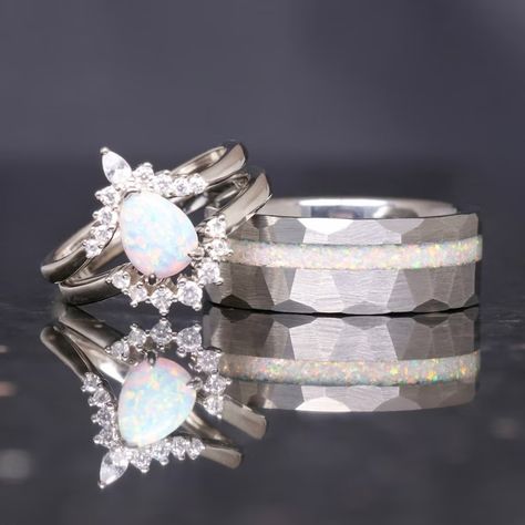 His and Hers White Fire Opal Ring Set, Matching Opal Ring, Silver Ring Set, Hammered Tungsten, Couples Ring, Unique Opal Engagement Ring Set - Etsy Sweden Opal Ring Silver, Positive Attributes, Wedding Rings Sets His And Hers, Couples Rings, Opal Engagement Ring Set, Couples Ring, Unique Opal, Matching Wedding Rings, Promise Ring Set