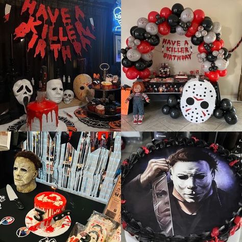 Spooky Souls | Horror birthday party themes 🥰 killer ideas ❤️ | Facebook Slasher Party, Horror Birthday Party, Horror Birthday, Horror Things, Halloween Themed Party, 17 Birthday, Sweet Sixteen Birthday Party Ideas, Happy 15th Birthday, Halloween Social