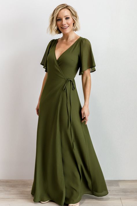 PRE-ORDER: Ivy Olive Wrap Maxi Dress | Baltic Born Wrap Dress Outfit, Olive Green Bridesmaid Dresses, Green Formal Dresses, Dresses Velvet, Dresses Holiday, Olive Dress, Velvet Dresses, Baltic Born, Olive Green Dresses