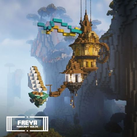 Minecraft Hanging House Ideas, Floating City Minecraft, Floating Minecraft Houses, Hanging Minecraft House, Minecraft Flying Ship, Hanging Bridge Minecraft, Hanging House Minecraft, Floating House Minecraft, Minecraft Hanging House