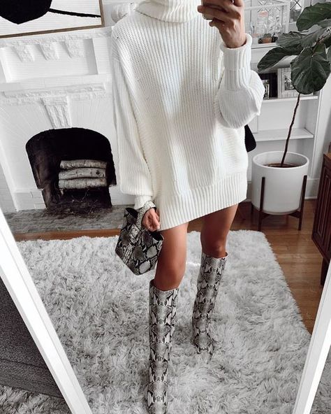 best snakeskin print Outfit Ideas With Snakeskin Boots, Snake Skin Boot Outfit, Snakeskin Boots Outfit, Cozy Inspiration, Wedges Outfit, It Shoes, Trending Clothes, Color Coordination, White Sweater Dress