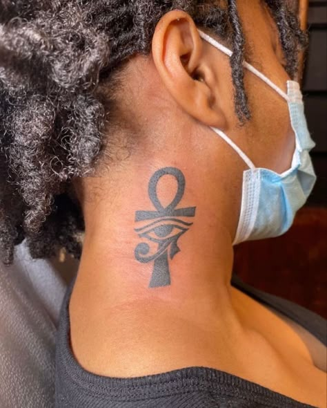 Black Spiritual Women Tattoo, Spiritual Tattoos Black Women Arm, Small Spiritual Tattoos Black Women, Black Spiritual Tattoos, Locs Tattoos Ideas, Spiritual Neck Tattoos Women, Ahnk Tattoo Black Woman, Ankh Neck Tattoo, Spiritual Neck Tattoo