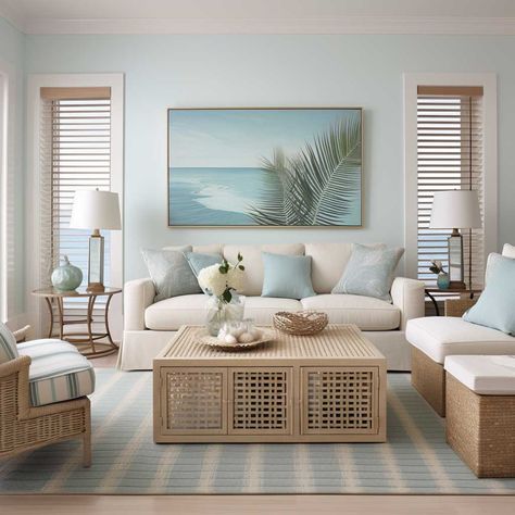 Breezy Palettes for Coastal Inspired Living Spaces • 333+ Art Images Elegant Coastal Living Room, Living Pequeños, Beach House Living Room, Beach House Interior Design, Haus Am See, Condo Decorating, Coastal Living Rooms, Lifestyle Ideas, Beach House Interior