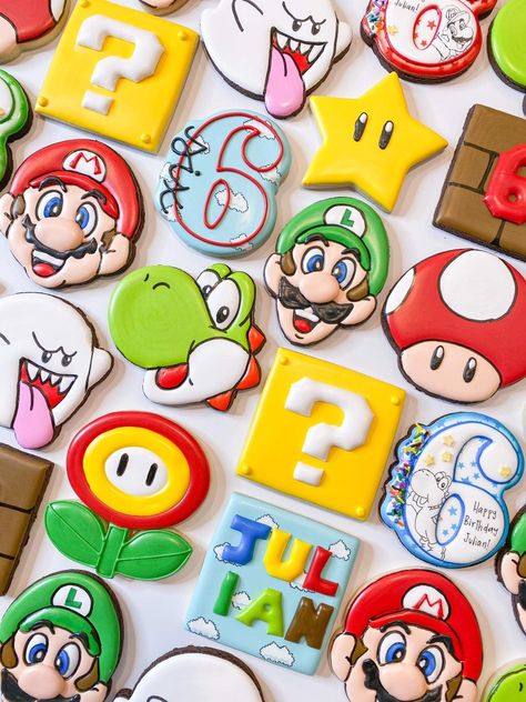 Mario Theme Cookies, Mario Party Cookies, Super Mario Decorated Cookies, Mario Brothers Cookies Decorated, Mario Birthday Party Cookies, Mario Bros Cookies Decorated, Super Mario Sugar Cookies, Super Mario Bros Cookies, Super Mario Cookies Decorated