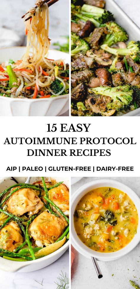 These 15 easy autoimmune protocol (AIP) dinner recipes will make meal planning and AIP meal prep a breeze! #healmedelicious #aip #paleo #aiprecipes #paleorecipes #aipdiet #autoimmunepaleo #aipprotocol #glutenfree #autoimmuneprotocol #easyaipdinners #aipdinnerrecipes #easyaiprecipes #aipmealprep #aipmealplan #aipmealplanning #aipdinner #onepotmeals #onepanmeals #sheetpanmeals #soups #stews #aiponepandinner #aiponepotmeal #aipsoup #aipsheetpandinner Autoimmune Meal Plan, Quick Anti Inflammation Dinner Recipes, Hs Diet Autoimmune Paleo, Paleo Quick Dinner, Aip List Of Foods, Swank Diet Recipes, Api Diet Recipes, Elimination Diet Recipes Dinner, Aip Meal Prep For The Week