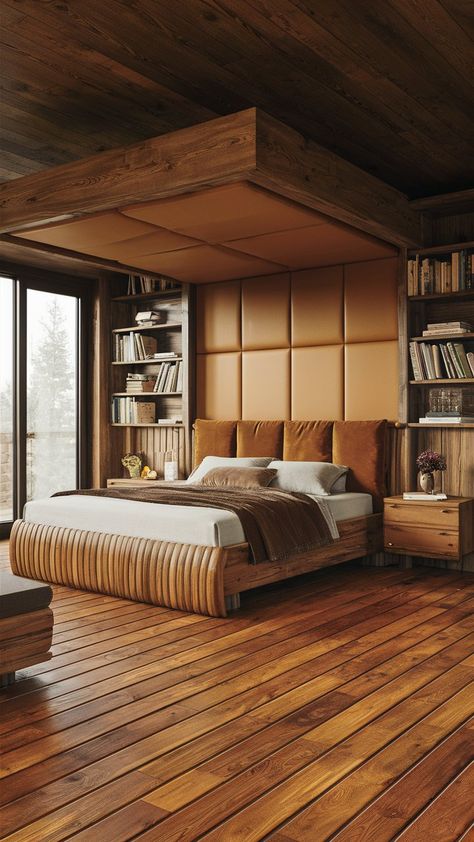 magine a sophisticated and cozy men's bedroom with a rich, brown wooden theme. The room features a robust wooden bed frame with a deep walnut finish, paired with a matching headboard that showcases intricate carvings for a touch of elegance. The bed is dressed in dark brown, high-thread-count linens and accented with textured throw pillows in shades of tan and beige Dark Brown Bedrooms, Men's Bedroom, Wooden Bed Frame, Brown Bed, Textured Throw Pillows, Mens Bedroom, Brown Bedroom, Bed Back, Bedroom Idea