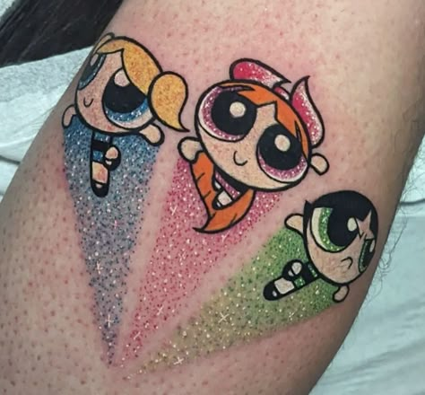 Cartoon Tattoos Girly, Permanent Glitter Tattoo, Jem And The Holograms Tattoo, Spoiled Tattoo, 90s Nostalgia Tattoo, Glitter Style Tattoo, Cartoon Tattoos Women, Power Puff Girls Tattoo, New School Tattoo Cartoon