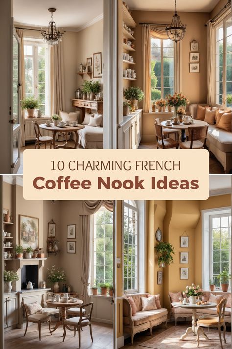 Stylish French country coffee nooks featuring 4 unique images illustrating rustic decor, floral arrangements, and warm color palettes, perfect for anyone looking to create a calming coffee corner at home. Coffee House Kitchen Ideas, Coffee Nook In Dining Room, French Country Coffee Bar Ideas, French Country Kitchen Nook, Keeping Room Off Kitchen Seating Areas, Breakfast Nook With Coffee Bar, Coffee Sitting Area In Kitchen, French Breakfast Nook, Coffee Room In House