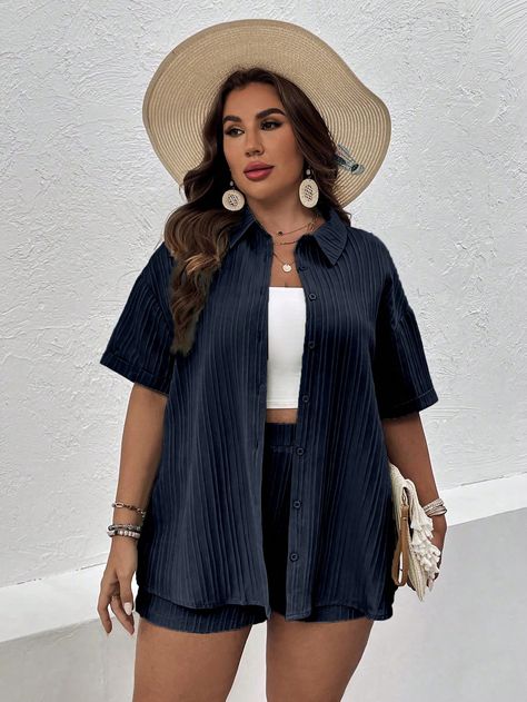 Navy Blue Casual Collar   Plain  Embellished Non-Stretch  Women Plus Clothing Two Piece Outfits Shorts, Outfits Shorts, Two Piece Outfits, Shirt And Shorts, Co Ords, Vacation Style, Kids Beachwear, Two Piece Outfit, Two Piece Sets