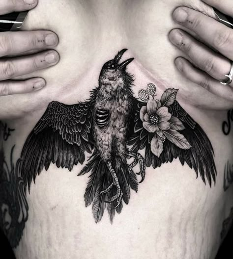 Dead Bird Tattoo, Dead Bird, Witch Tattoo, Raven Tattoo, Gothic Tattoo, Stomach Tattoos, Sternum Tattoo, Bird Tattoo, Black Ink Tattoos