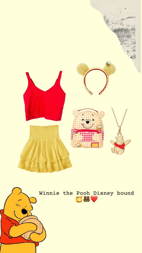 Winnie the Pooh Disney bound 🍯🐻❤️ #disneybound #disneyoutfit #outfitinspo #disney Disneybound Outfits Villians, Disney Themed Outfits For Women, Cute Disneyland Outfits, Disneybound Outfits Summer, Disney World Fits, Disney Outfits Women Summer, Disney World Outfit Ideas, Bounding Disney, Disney Vacation Outfits