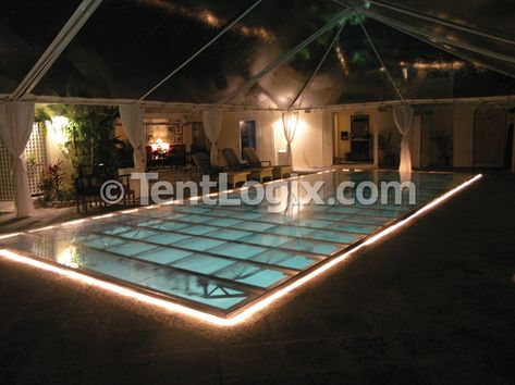 Pool Covers | Tentlogix Pool Cover Dance Floor Weddings, Backyard Wedding With Pool, Pool Weddings, Wedding Reception Food Stations, Backyard Wedding Pool, Acrylic Pool, Covered Pool, Pool Dance, Cover Dance