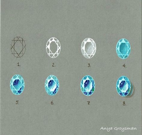 How To Color Jewelry Drawing, Gemstone Drawing Reference, How To Draw A Gemstone, How To Paint Gemstones, Jewel Drawing Tutorial, How To Draw Gems, How To Draw Jewelry, Drawing Gemstones, Gemstones Drawing