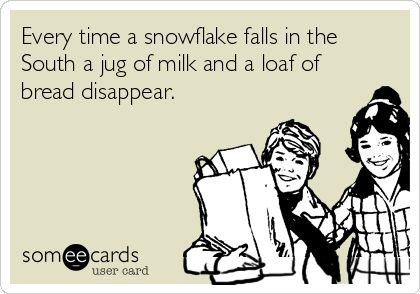 Every time a snowflake falls in the South a jug of milk and a loaf of bread disappear. Southern Sayings, Southern Life, E Card, Down South, Ecards Funny, Someecards, I Smile, Bones Funny, True Stories