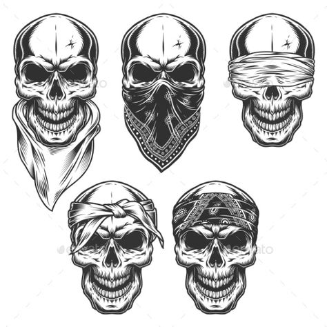 Set of Skull in Bandanas by imogi | GraphicRiver Scary Skull, Face Tattoo, Bandanas, Tattoo Art, White, Art