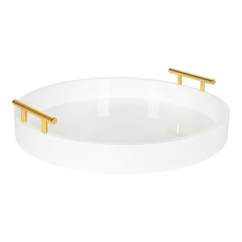 Bring modern glam style into your home with this circular-shaped decorative accent tray with polished metal handles. Place this charming tray on your entrance console table as a trinket tray to hold your keys and mail as you come and go. This round tray is spacious enough to hold documents or file folders on a home office desk. This tray can also be used as a decorative accent on an ottoman to hold your beverages or on your vanity for makeup organization. Constructed of solid MDF with a glossy f Entrance Console Table, Round Decorative Tray, Entrance Console, White Serving Tray, Large Serving Trays, Accent Tray, Serving Tray Decor, Wall Shelf Decor, Ottoman Coffee