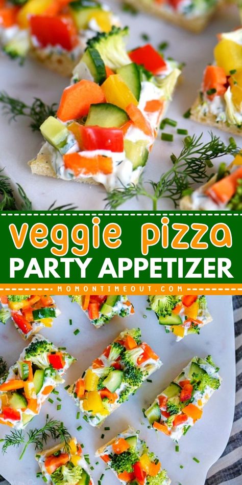 Veggie Pizza a delightfully light appetizer that everyone will enjoy! One of our all time favorite party appetizer recipes! Full of flavor and crunch – these little bites are sure to please! Vegetable Party Appetizers, Memorial Day Snacks Parties Food, Bbq Appetizers Easy, Healthy Memorial Day Food, 4th Of July Party Food For A Crowd, Vegetarian Party Food For A Crowd, Small Party Food Ideas, Easy Memorial Day Food, Bbq Appetizer Ideas