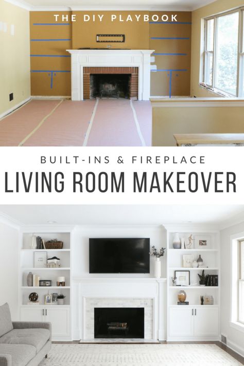 White Built Ins, Built In Around Fireplace, Film Decor, Fireplace Living Room, Architecture Renovation, Built In Shelves Living Room, Living Room Built Ins, Fireplace Built Ins, Makeover Before And After