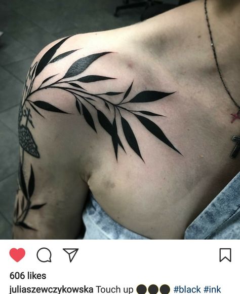 Blackwork Leaves Tattoo, Shoulder Tattoo Leaves, Back Tattoo Leaves, Large Leaf Tattoo, Dark Leaf Tattoo, Shoulder Leaves Tattoo, Dark Leaves Tattoo, Black Plant Tattoo, Leaves Neck Tattoo