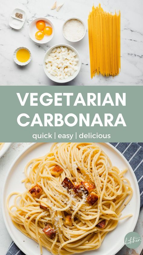 Carbonara Recipe Vegetarian, Pasta Carbonara Vegetarian, Spaghetti Carbonara Vegetarian, Meatless Carbonara, Vegetarian Carbonara Pasta, Halloumi Carbonara, Veggie Carbonara, Cabonara Recipes, Healthy Carbonara