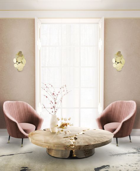 Click to find more: #luxurylivingroom #livingroomdesign #livingroomdesign #modernlivingroom #livingroom #modernhome #homedesign #designideas #designtrends #homedecor #decorideas #furniture Modern Interior Design Living Room, Pink Chairs, Interior Design Minimalist, Luxury Furniture Brands, 아파트 인테리어, A Living Room, My New Room, Elle Decor, Home Fashion