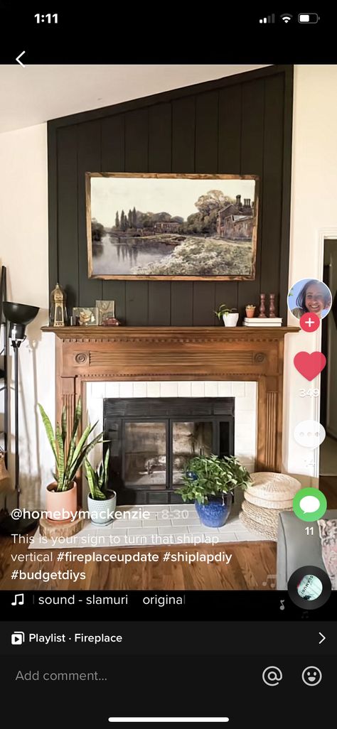 Mantle Paint Colors, Painted Brick Fireplace With Wood Mantel, Green Tile Fireplace Living Room, Brick Fireplace With Wood Surround, Wood Mantel Surround Fireplace, Living Room Remodel With Fireplace, Cottage Core Fireplace Mantle, Mantel Painting Ideas, Dark Wood Fireplace Surround