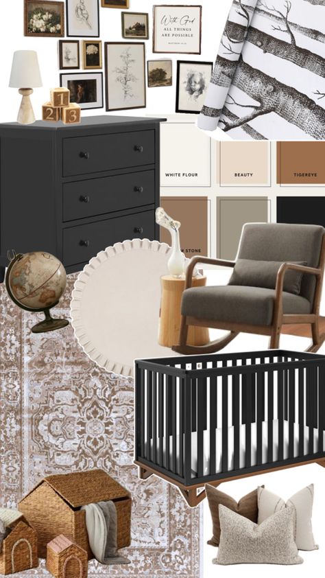 Black And Cognac Nursery, Brown And Grey Nursery, Black And Brown Nursery, Moody Nursery Ideas, Dark Baby Nursery, Black Nursery Furniture, Dark Gray Nursery, Grey Nursery Furniture, Nursery Moodboard