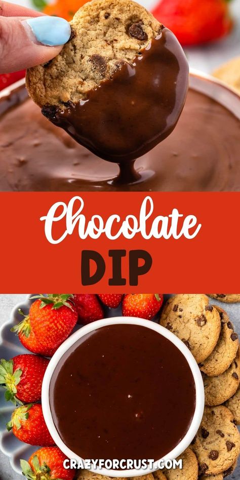 This Chocolate Dip is an easy dessert dip with just 2 ingredients! The dip is so simple to make, and then you can serve it on a platter with all kinds of dippers to go with it. Chocolate Dip Charcuterie Board, Chocolate Dip For Pretzels, Chocolate Dip For Cookies, Chocolate For Dipping, Easy Chocolate Dip, Chocolate Dessert Dip, Chocolate Dip For Fruit, Chocolate Fruit Dip, Chocolate Dip