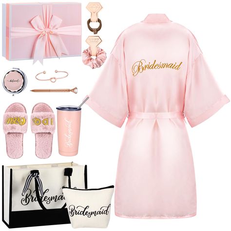 PRICES MAY VARY. Nice Matching Set: you will receive 14 pcs bridesmaid gifts including a short satin robe, a bridesmaid tote bag and a makeup bag, a pair of bridesmaids wedding slippers, a bridesmaid gift box with 10g raffia, a stainless steel vacuum cup, 2 pink coil hair ties, 3 rib woven hand ropes, a rose gold bangle, a diamond pen and a makeup mirror Ideal bridesmaid Gifts: the short satin robe, tote bag, makeup bag, stainless steel vacuum cup and makeup mirror are printed the words [bridesm Gifts From Bride To Bridesmaids, Wedding Bridesmaid Proposal Gift Ideas, Cute Bridesmaid Gifts, Wedding Bridesmaid Gift Ideas, What To Put In A Bridesmaid Gift Boxes, Bridesmaids Day Of Gifts, Bridesmaid Gifts Day Of Wedding, Bridesmaid Proposal Ideas Cheap, Bridesmaid Wedding Day Gifts