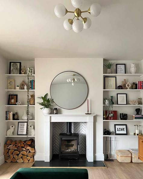 Compass Table, Modern Log Burners, Interior Posts, White Herringbone Tile, Log Burner Living Room, Victorian Terraced House, Living Room Transformation, Victorian Living Room, Fireplace Logs