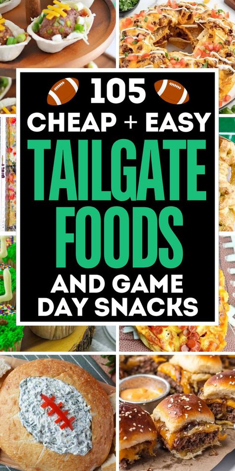 Cheap and easy tailgate food ideas and quick game day snacks for football season. These fall football snacks include appetizers, snacks, desserts, breakfast and dinners that are good tailgating food for at the game or at home. Tailgate Food Crockpot, Make Ahead Tailgate Food, Lunch Dessert Ideas, Football Appetizers Easy Finger Foods, Breakfast Tailgate Food, Breakfast Tailgate, Football Appetizers Easy, Dessert Ideas For A Crowd, Party Food Football