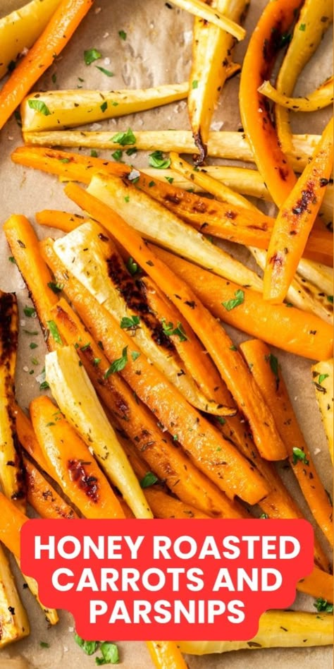 These Honey Roasted Parsnips and Carrots are a tasty and easily prepared side dish. This is a recipe that is simple enough to prepare for a weeknight meal but is sufficiently elegant for a special occasion such as Christmas. The carrots and parsnips are smothered in a glaze of honey, mustard and rosemary for the most delicious flavour. #FestiveChallenge Roasted Parsnips And Carrots, Carrot And Parsnip Recipe, Parsnips And Carrots, Honey Roasted Parsnips, Carrots And Parsnips, Roasted Carrots And Parsnips, Parsnip Recipes, Honey Carrots, Honey Roasted Carrots