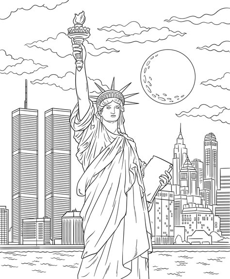 Nyc Coloring Pages, New York Coloring Pages, City Coloring Pages, Statue Of Liberty Drawing, Color Theory Art, Family Coloring Pages, Adult Coloring Books Printables, Perspective Drawing Architecture, Flower Drawing Tutorials