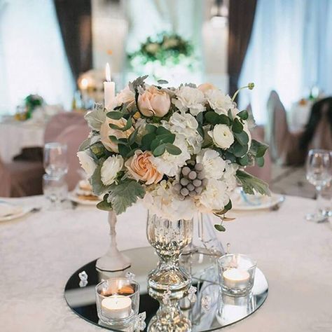 25 Wedding Centerpiece Ideas You'll Love Mirror Trays, Mirror Candle Plate, Mirror Candle, Wedding Candles Table, Wedding Mirror, Table Centerpiece Decorations, Wedding Party Table, Mirror Plates, Candle Mirror